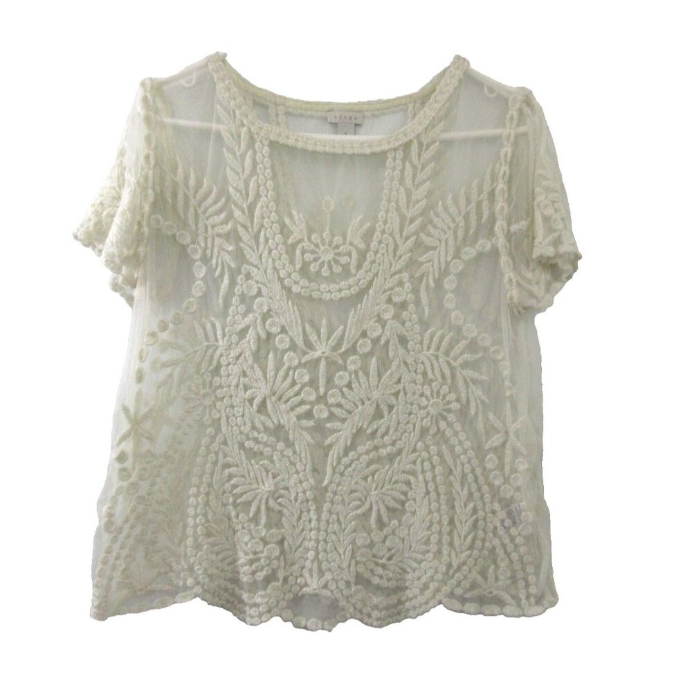 Hinge Womens Top Size Small White Floral Embroidered Lace Short Sleeve Mesh